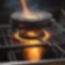 Close-up of a gas grill burner with low flame