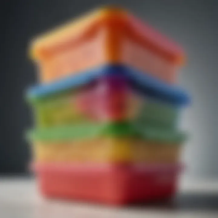 Stacked BPA-free plastic meal prep containers in vibrant colors