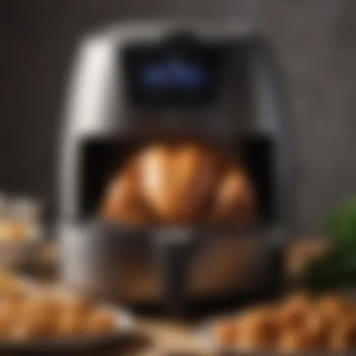 An air fryer with chicken cooking inside