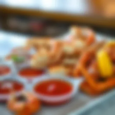 An assortment of crablegs displayed artistically with dipping sauces