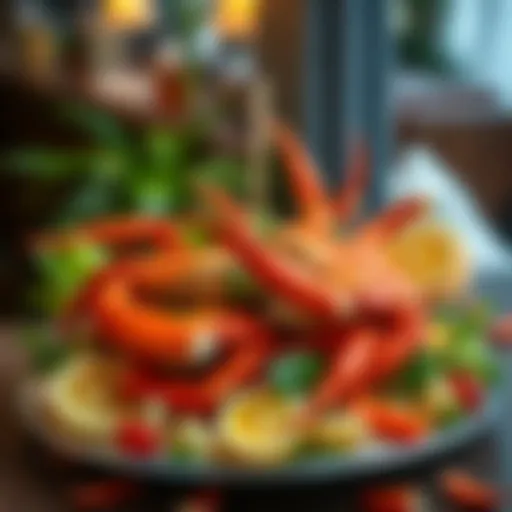 A beautifully arranged platter of crablegs with vibrant garnishes