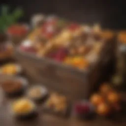 An assortment of gourmet treats in a beautifully arranged hamper.
