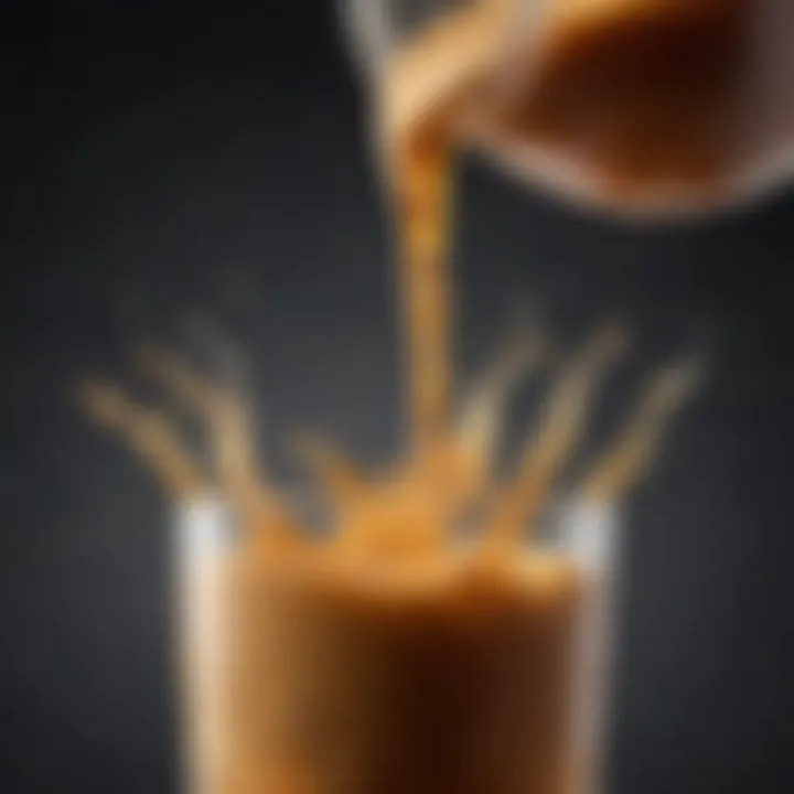 A close-up of a protein drink being poured into a glass, highlighting texture and consistency