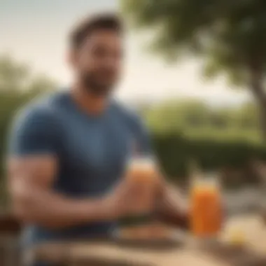 A satisfied consumer enjoying a protein drink outdoors, conveying satisfaction and lifestyle integration