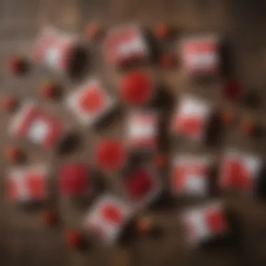 An assortment of strawberry jam packets of different brands displayed on a rustic wooden table.