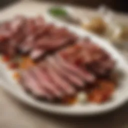 A beautifully arranged platter featuring crispy bacon and succulent venison steaks.