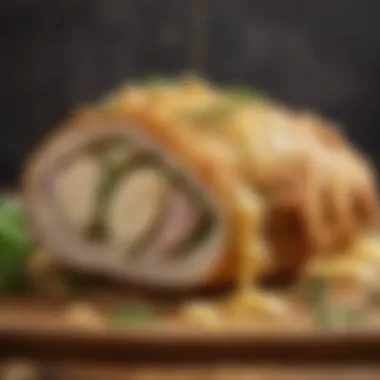 Close-up of the garlic herb butter melting inside chicken kiev