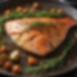 Freshly baked fish garnished with herbs