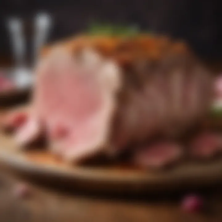 Slice of juicy leg of lamb showcasing pink tenderness