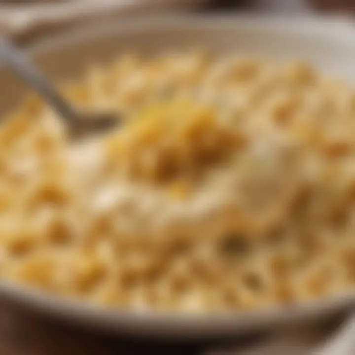 A close-up of creamy cheese sauce coating perfectly cooked pasta