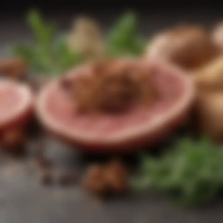 A close-up of aromatic herbs and spices for ham seasoning