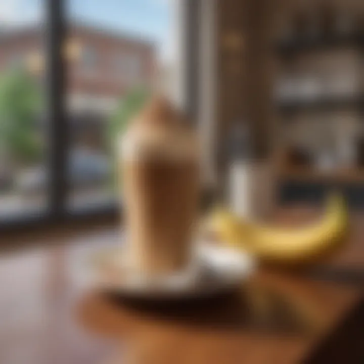 A scenic coffee shop setting with banana mocha coffee featured on a table