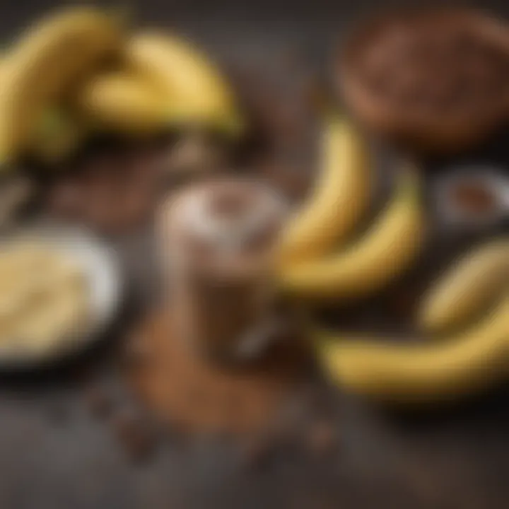 A selection of ingredients for banana mocha coffee including ripe bananas and cocoa