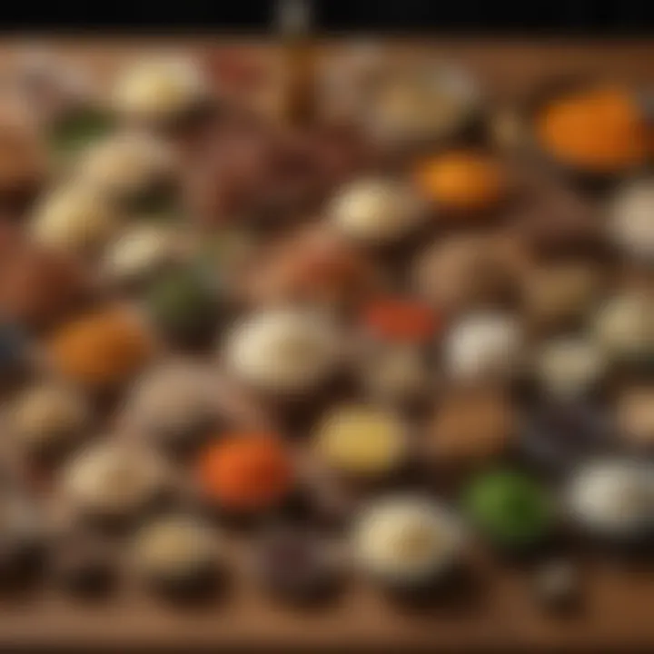 A variety of kosher ingredients displayed on a wooden kitchen table.