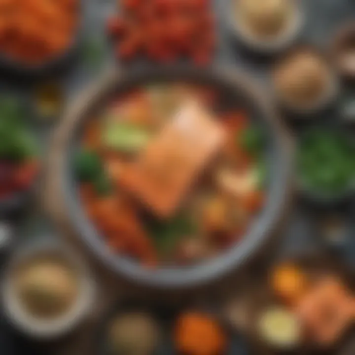 A beautifully arranged meal featuring anti-inflammatory ingredients like salmon, quinoa, and vegetables