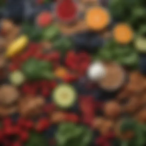 A vibrant assortment of anti-inflammatory foods including leafy greens, berries, and nuts