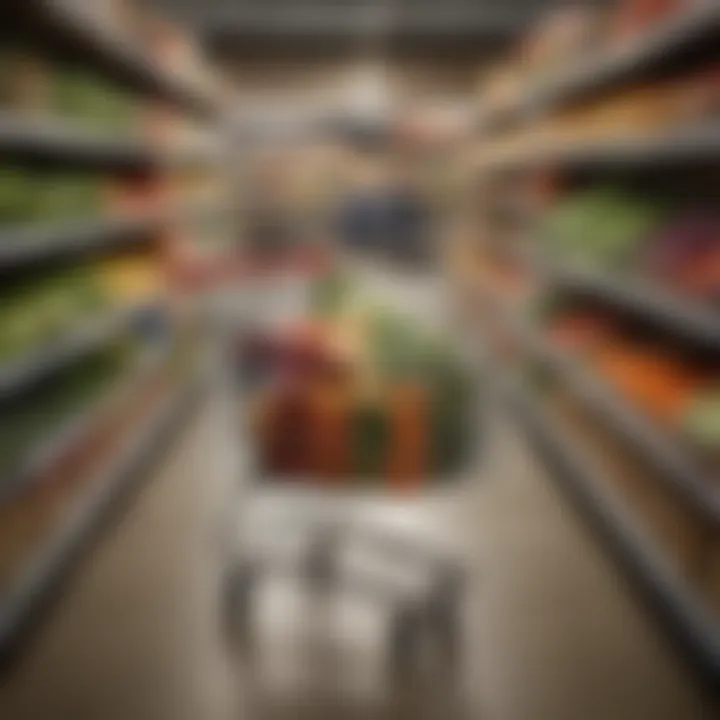 A grocery cart filled with fresh produce and staples, representing cost-effective shopping