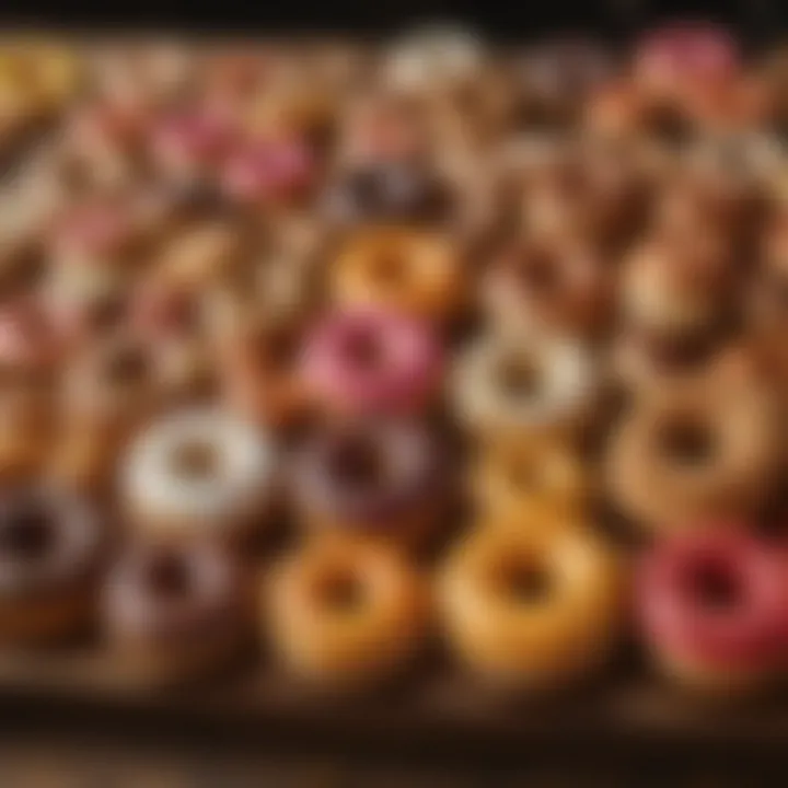 A colorful display of artisanal donuts on a wooden table