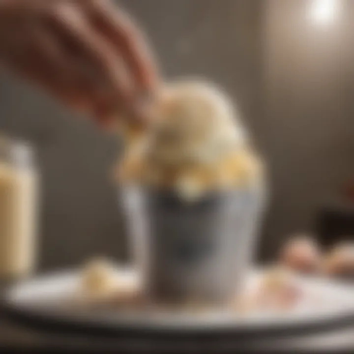 An ice cream maker in action with creamy ice cream swirling inside.