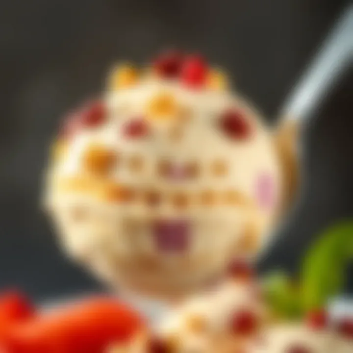 Close-up of creamy lactose-free ice cream scoop with toppings