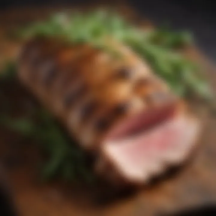 Close-up of perfectly roasted pork tenderloin with herbs