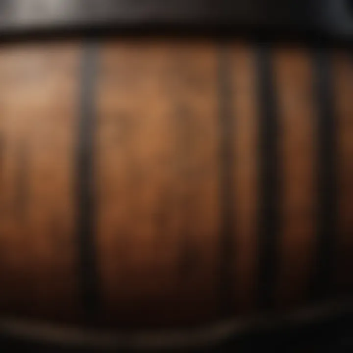 An aged barrel with a dark brown spirit inside, showcasing bourbon's maturation.