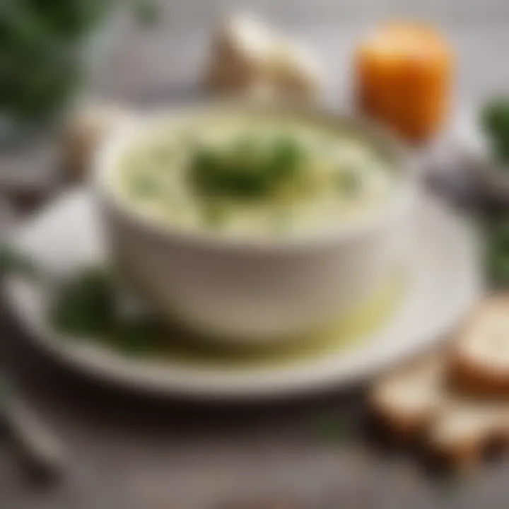 Garnished broccoli cheese soup with herbs