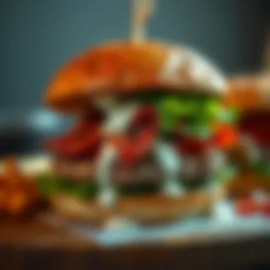 Gourmet Burger with Bacon Ranch Drizzle A gourmet burger drizzled with ranch and bacon dressing