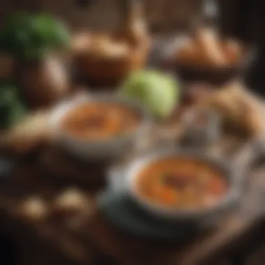 A rustic table setting featuring cabbage soup alongside crusty bread