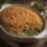 A close-up of a beautifully baked green bean casserole topped with crispy onions.