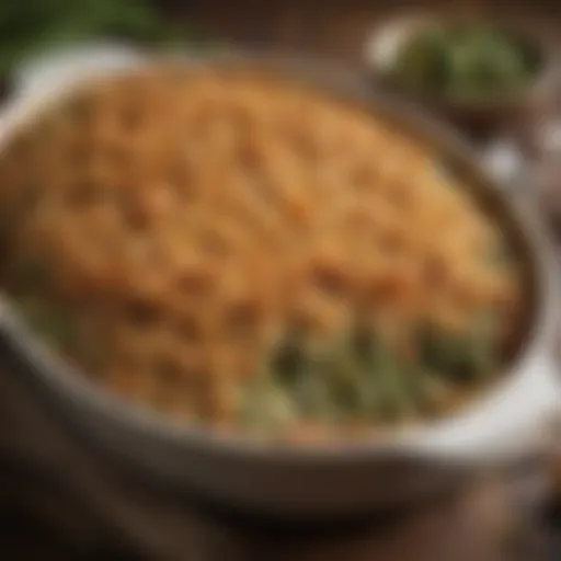 A close-up of a beautifully baked green bean casserole topped with crispy onions.