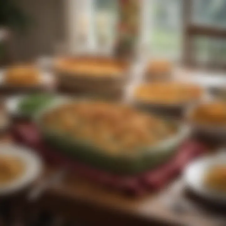 A festive dining table set for a holiday meal featuring green bean casserole.