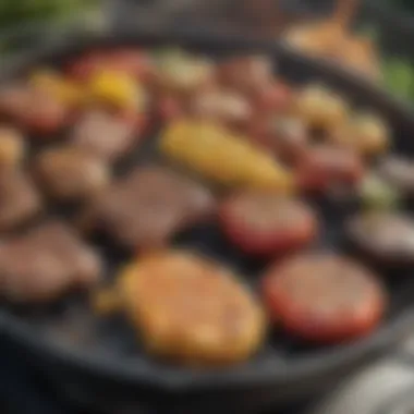 Close-up of the grilling surface with delicious food