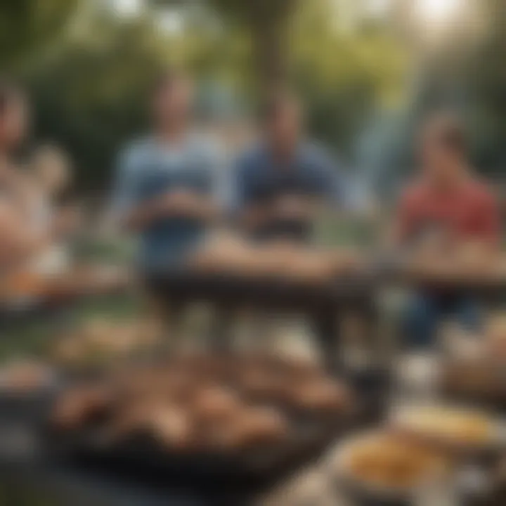 Outdoor setting with friends enjoying grilled meals