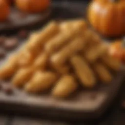 A close-up of chewy pumpkin dog treats arranged on a rustic wooden surface