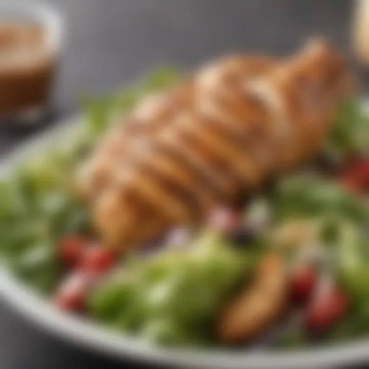 A bowl of Chick-fil-A grilled chicken salad garnished with dressing