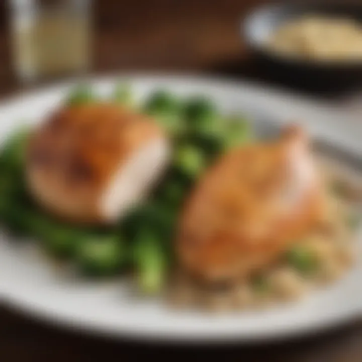 Oven-baked chicken breast with a side of quinoa and steamed broccoli