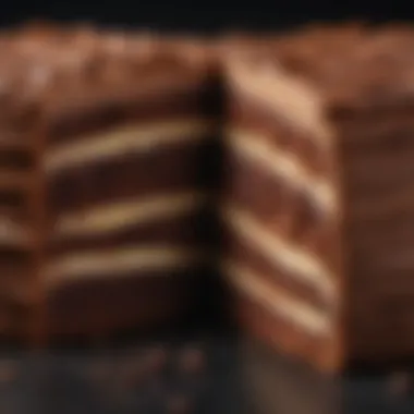 An artistic close-up of chocolate rugala cut in half to reveal its layered dough and chocolate filling