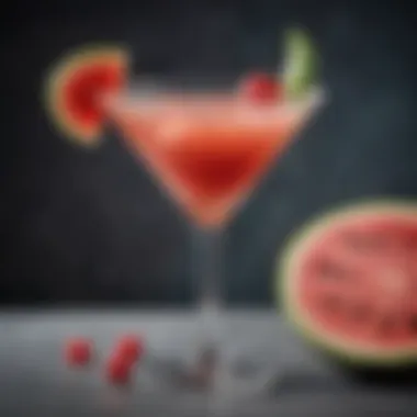 A close-up view of a Watermelon Vodka Martini showcasing its rich color and texture