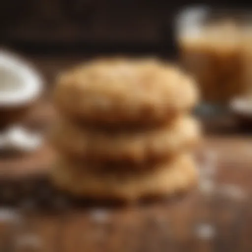 A close-up view of golden-brown coconut cookies arranged on a rustic wooden table, garnished with shredded coconut.