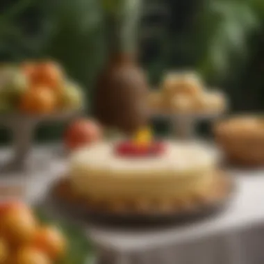 An elegant dessert table featuring coconut cookies alongside tropical fruits and a coconut-themed centerpiece.