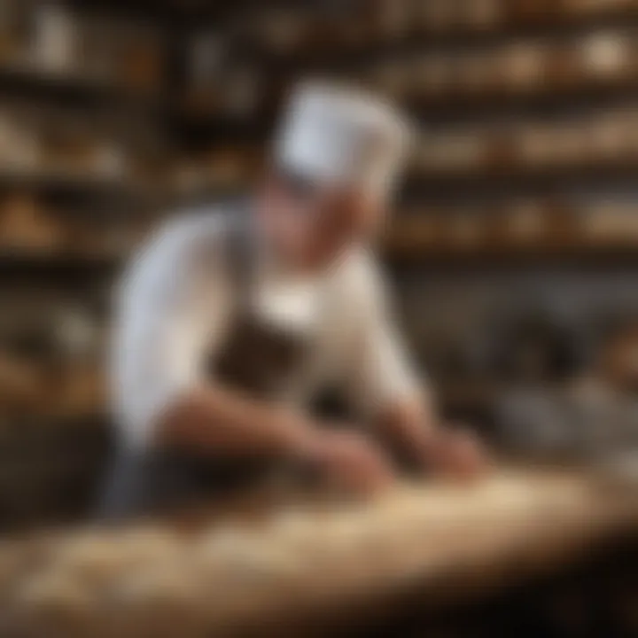 An artisan baker skillfully shaping dough in a rustic environment.