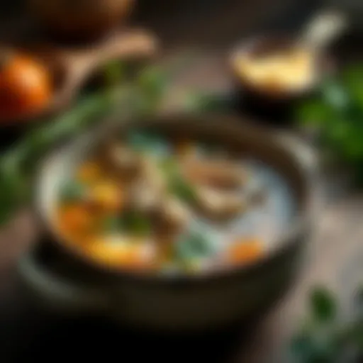 A bowl of rich and aromatic chicken broth filled with fresh herbs and vegetables
