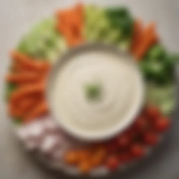 A rich creamy dressing served alongside a colorful vegetable platter