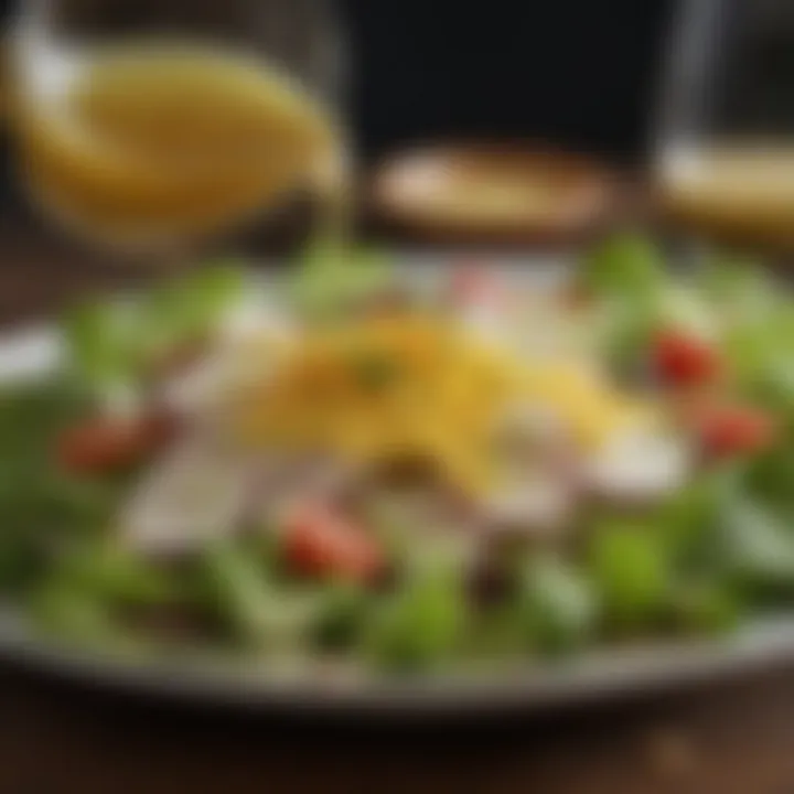 A close-up view of a fresh salad drizzled with vinaigrette