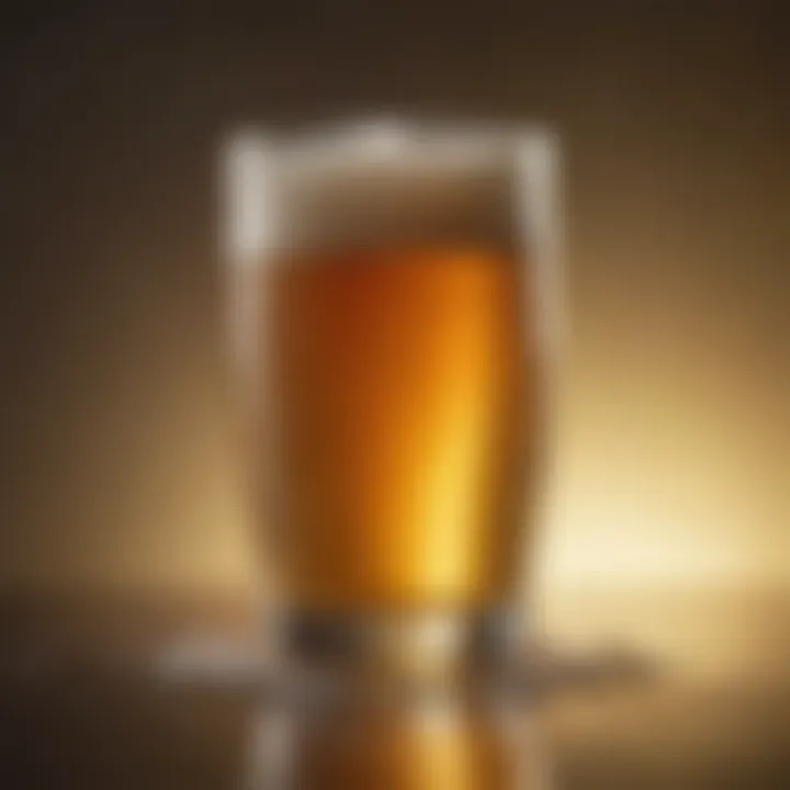 A close-up of a frothy beer in a glass, reflecting light