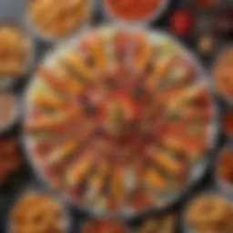A vibrant display of assorted finger foods on a decorative platter