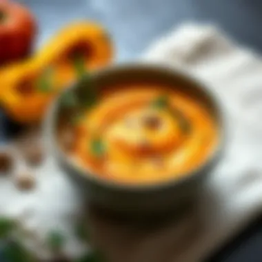Garnished Butternut Squash Soup A vibrant bowl of butternut squash soup garnished with herbs