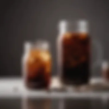 An elegant glass jar filled with cold brew coffee and ice, highlighting its smooth texture