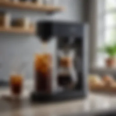 A stylishly designed cold brew coffee maker demonstrated on a kitchen countertop